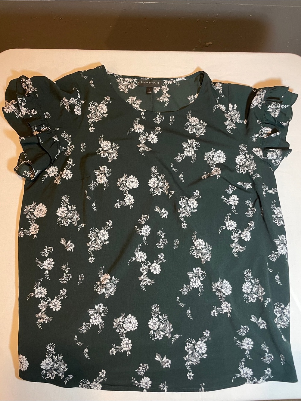 Lane Bryant Forest Green Floral Ruffle Sleeve Blouse